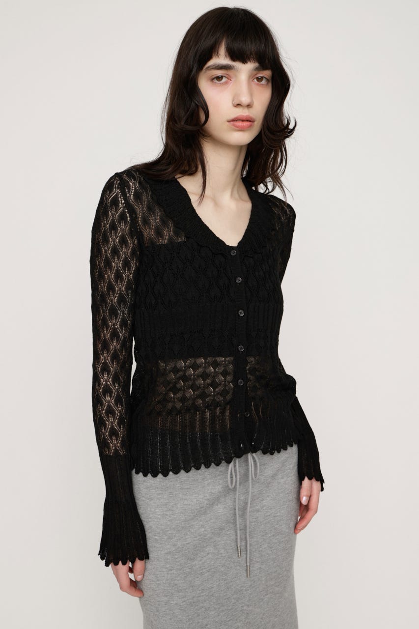 FRILL OPENWORK KNITTING カーディガン BLK FREE