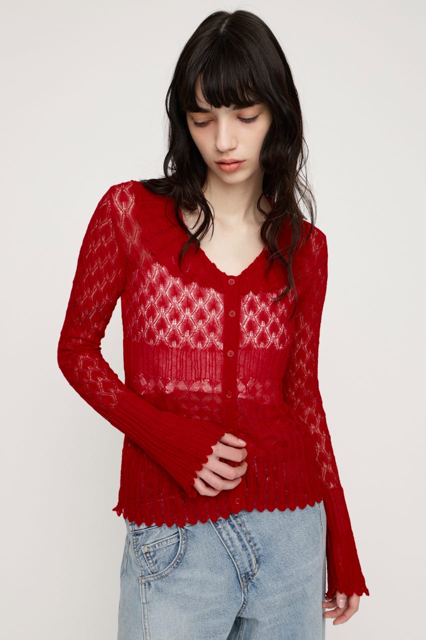 FRILL OPENWORK KNITTING カーディガン RED FREE