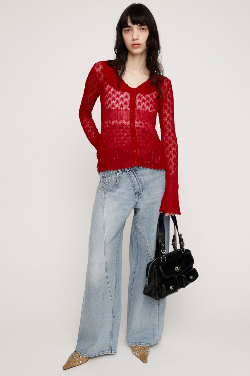 FRILL OPENWORK KNITTING カーディガン RED FREE