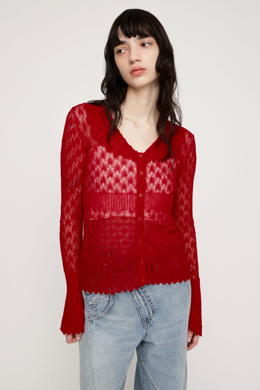 FRILL OPENWORK KNITTING カーディガン RED FREE