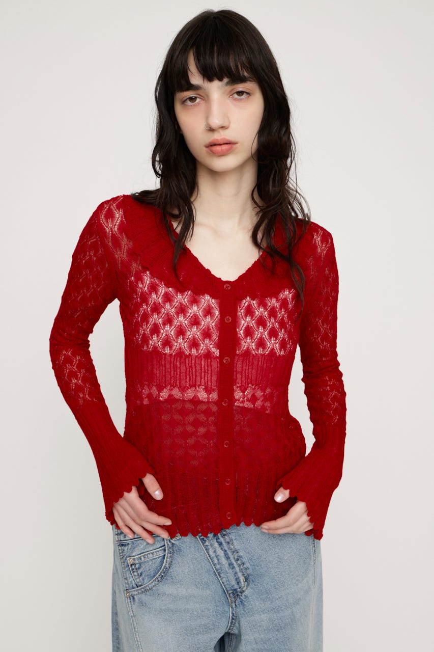 FRILL OPENWORK KNITTING カーディガン RED FREE