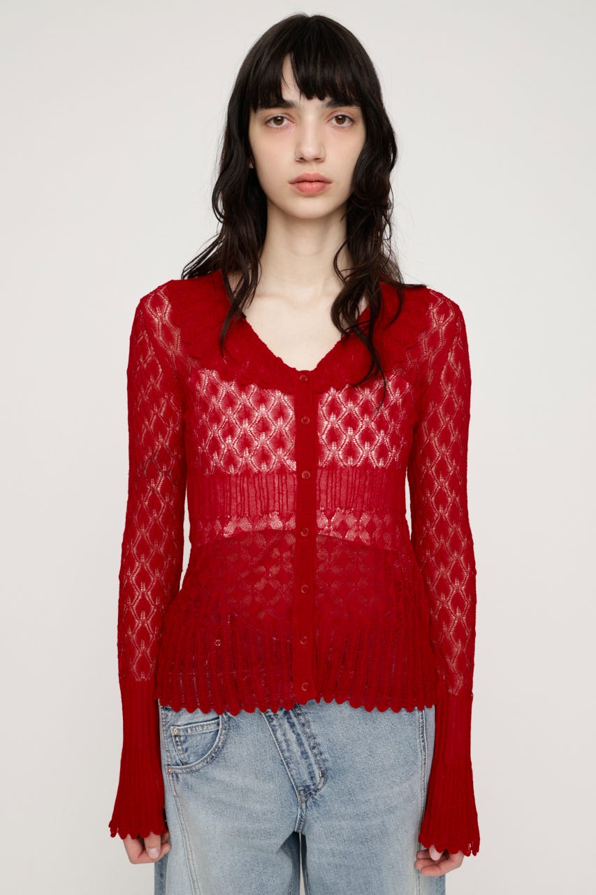 FRILL OPENWORK KNITTING カーディガン RED FREE
