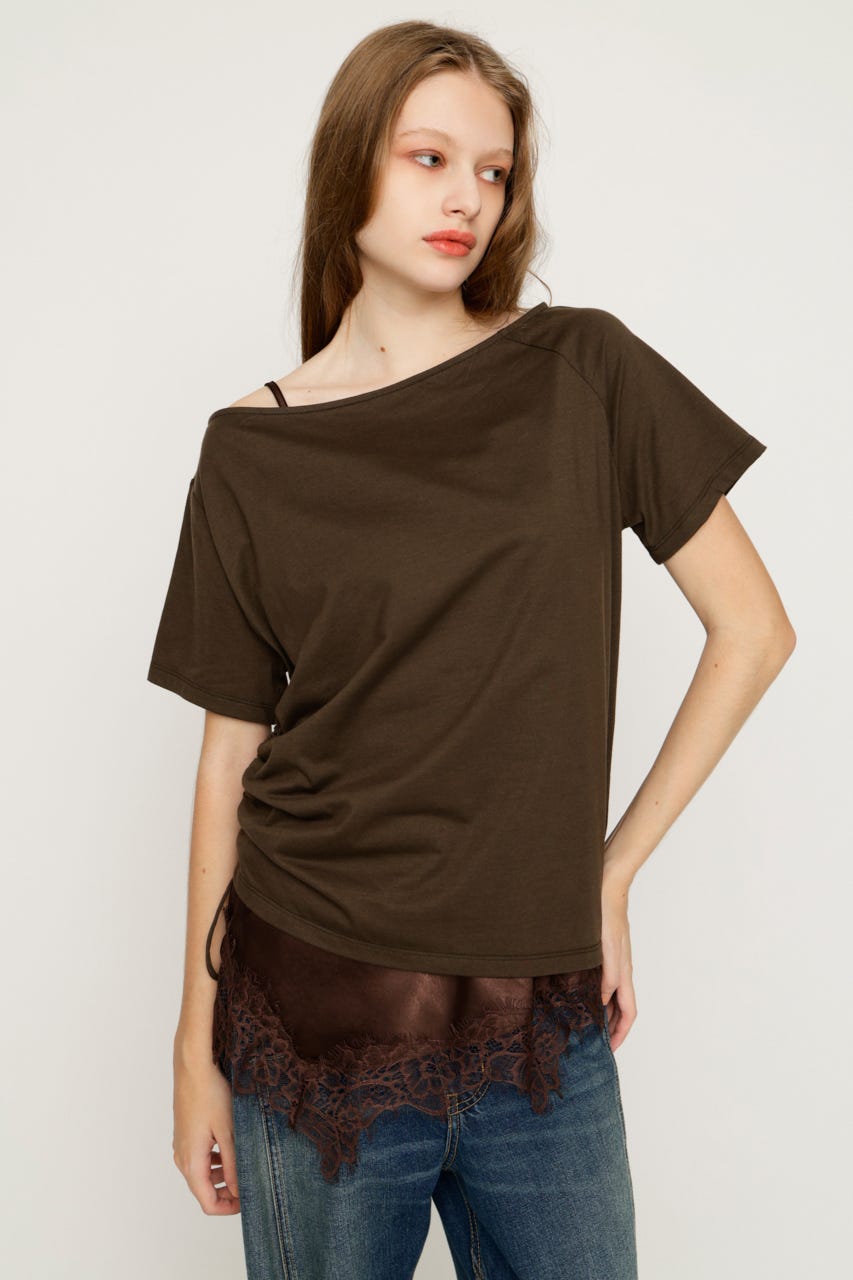 【1BUY5％OFF】SATIN LACE DOCKING トップス BRN FREE