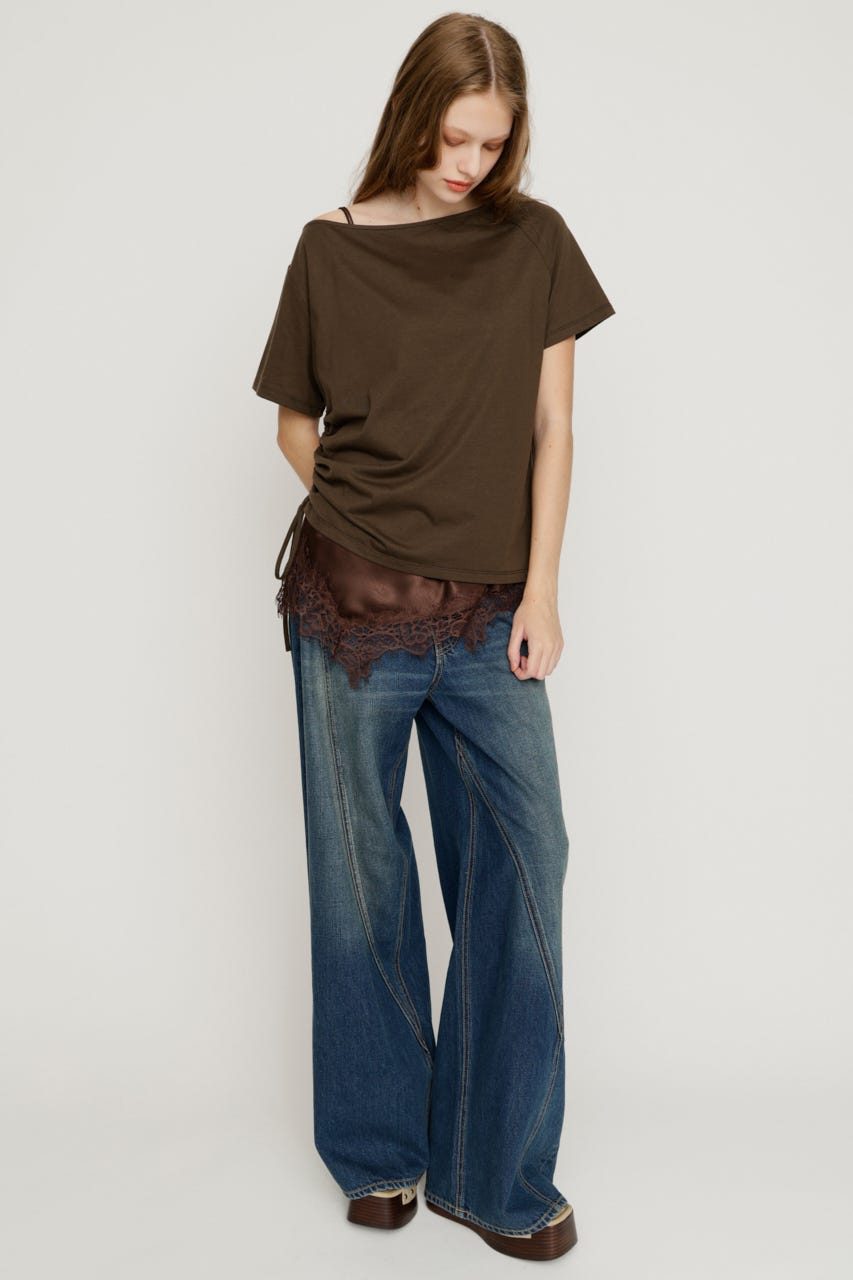 【1BUY5％OFF】SATIN LACE DOCKING トップス BRN FREE