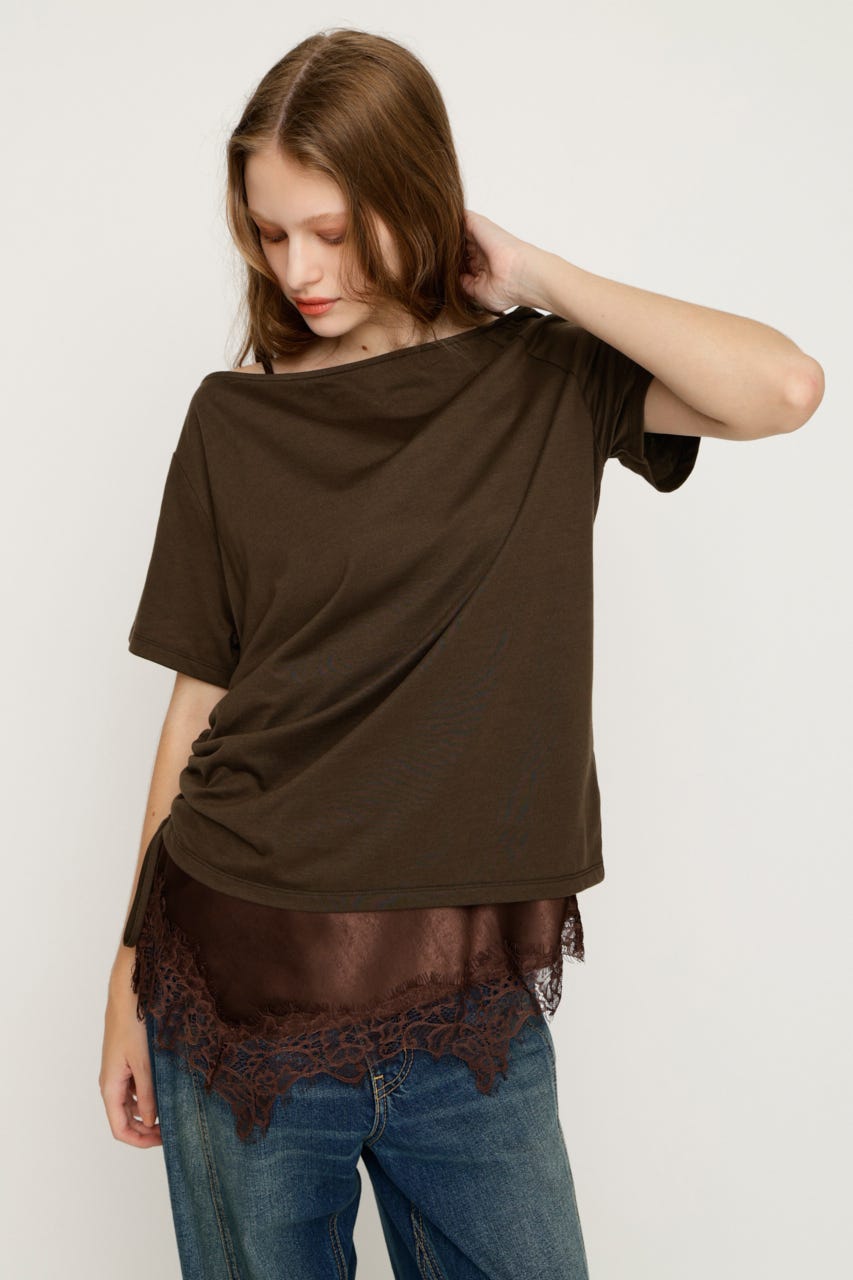 【1BUY5％OFF】SATIN LACE DOCKING トップス BRN FREE