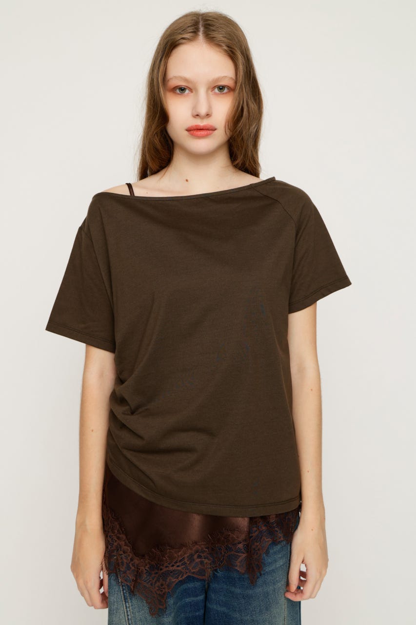 【1BUY5％OFF】SATIN LACE DOCKING トップス BRN FREE
