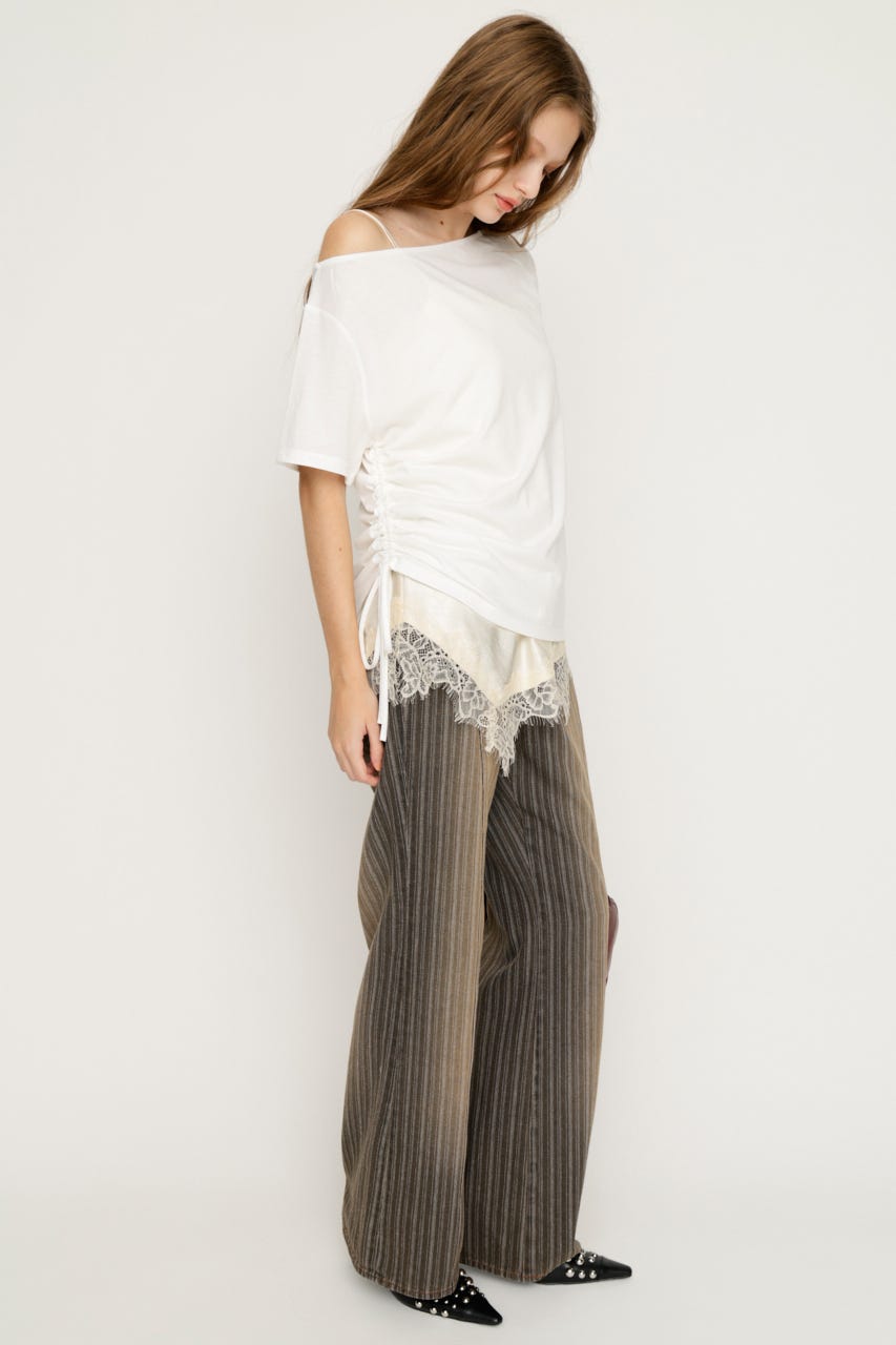 【1BUY5％OFF】SATIN LACE DOCKING トップス IVOY FREE