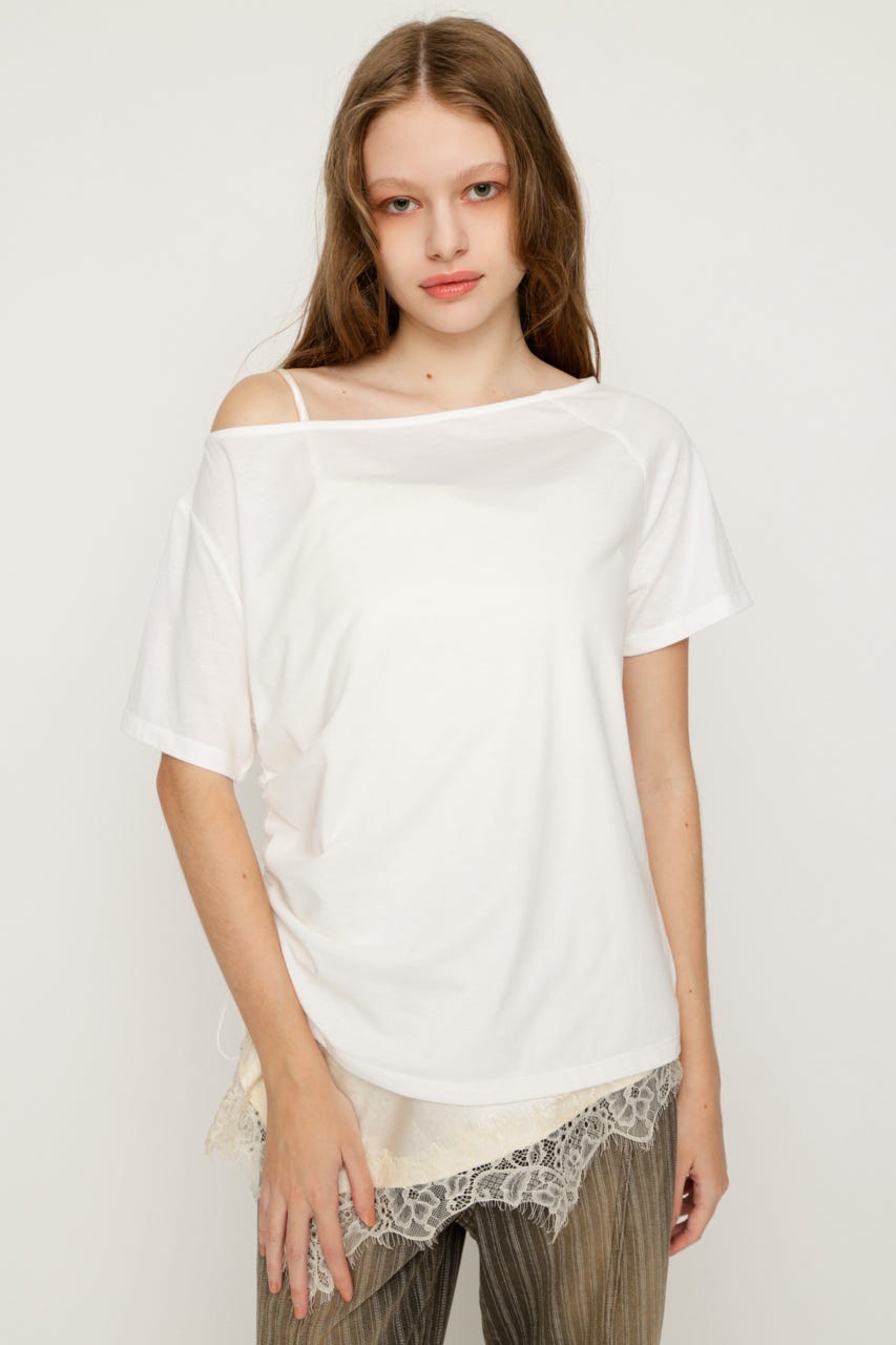 【1BUY5％OFF】SATIN LACE DOCKING トップス IVOY FREE