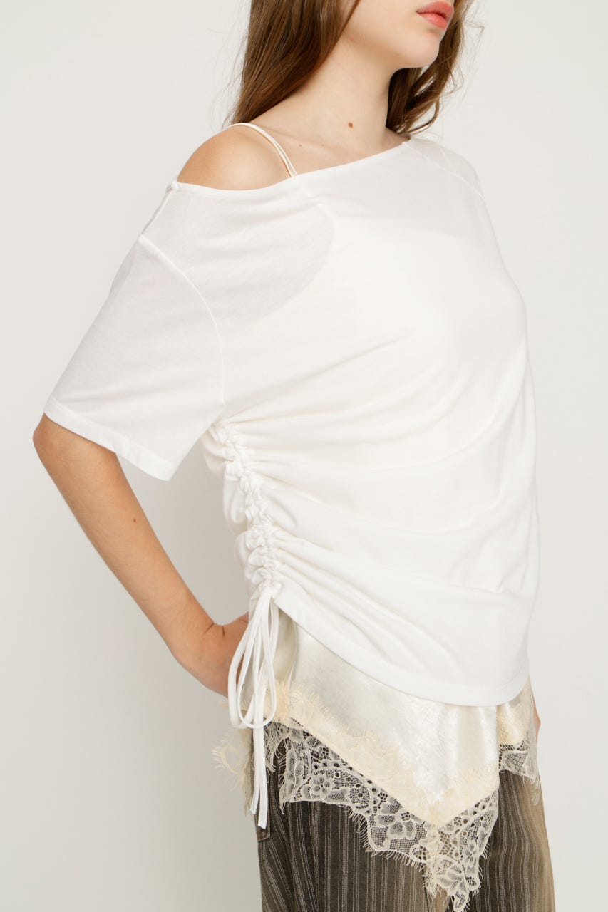 【1BUY5％OFF】SATIN LACE DOCKING トップス IVOY FREE