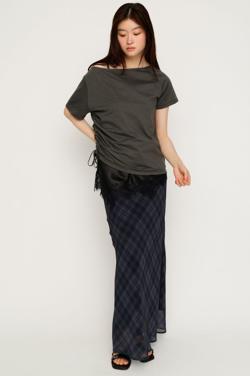 【1BUY5％OFF】SATIN LACE DOCKING トップス L/BLK FREE