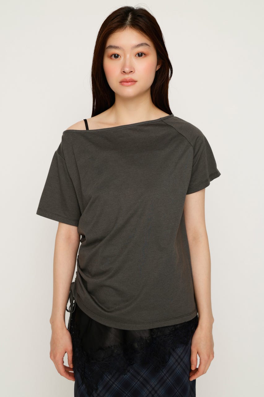 【1BUY5％OFF】SATIN LACE DOCKING トップス L/BLK FREE