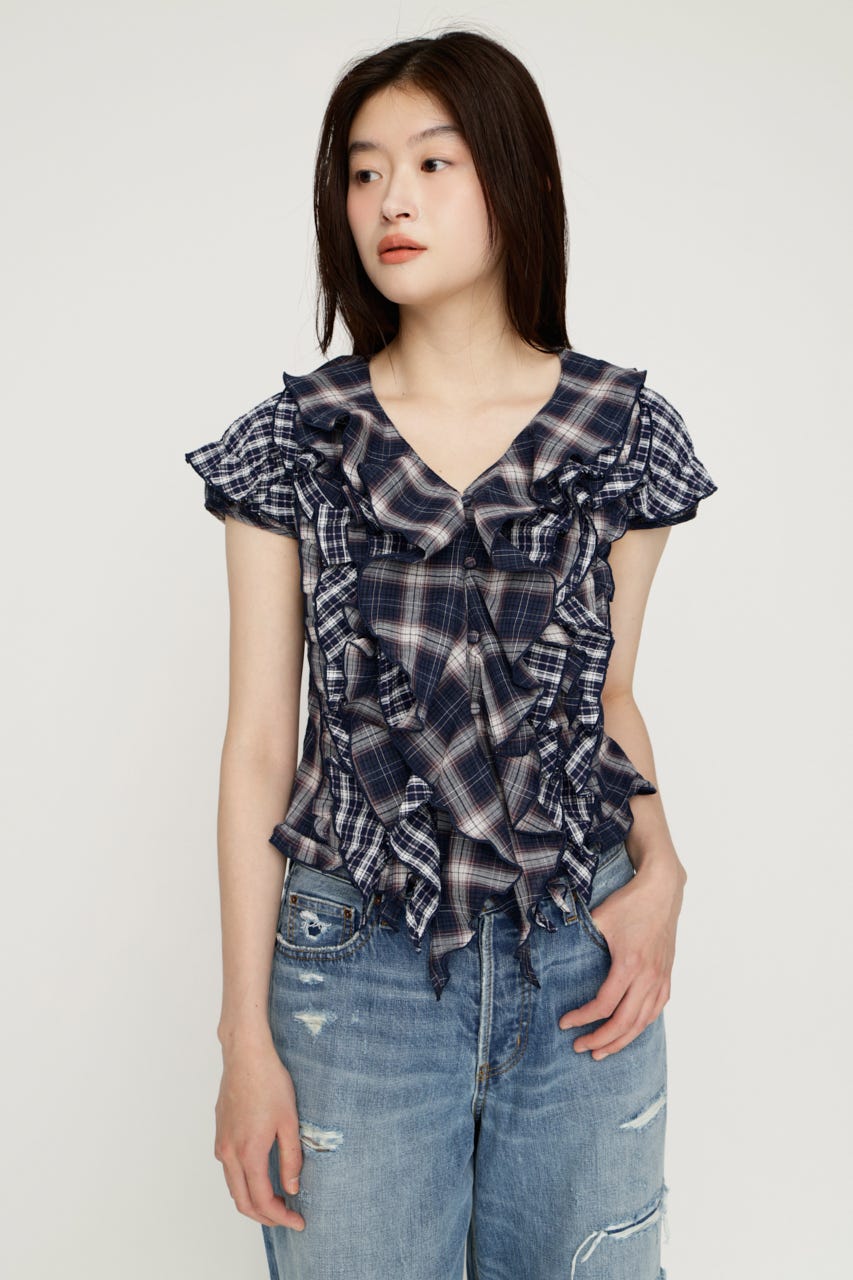 MIX FRILL COMPACT ブラウス M/NVY FREE