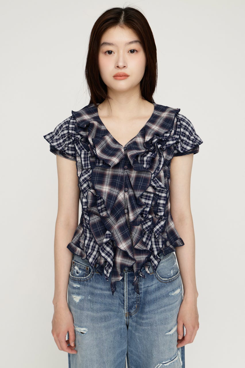 MIX FRILL COMPACT ブラウス M/NVY FREE