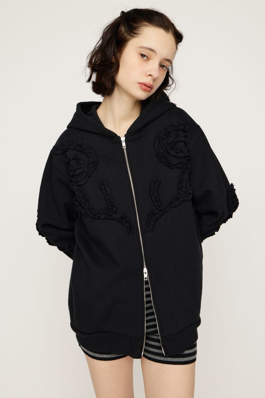 【1BUY5％OFF CAMPAIGN】FRILL ZIP UP HOODIE BLK FREE