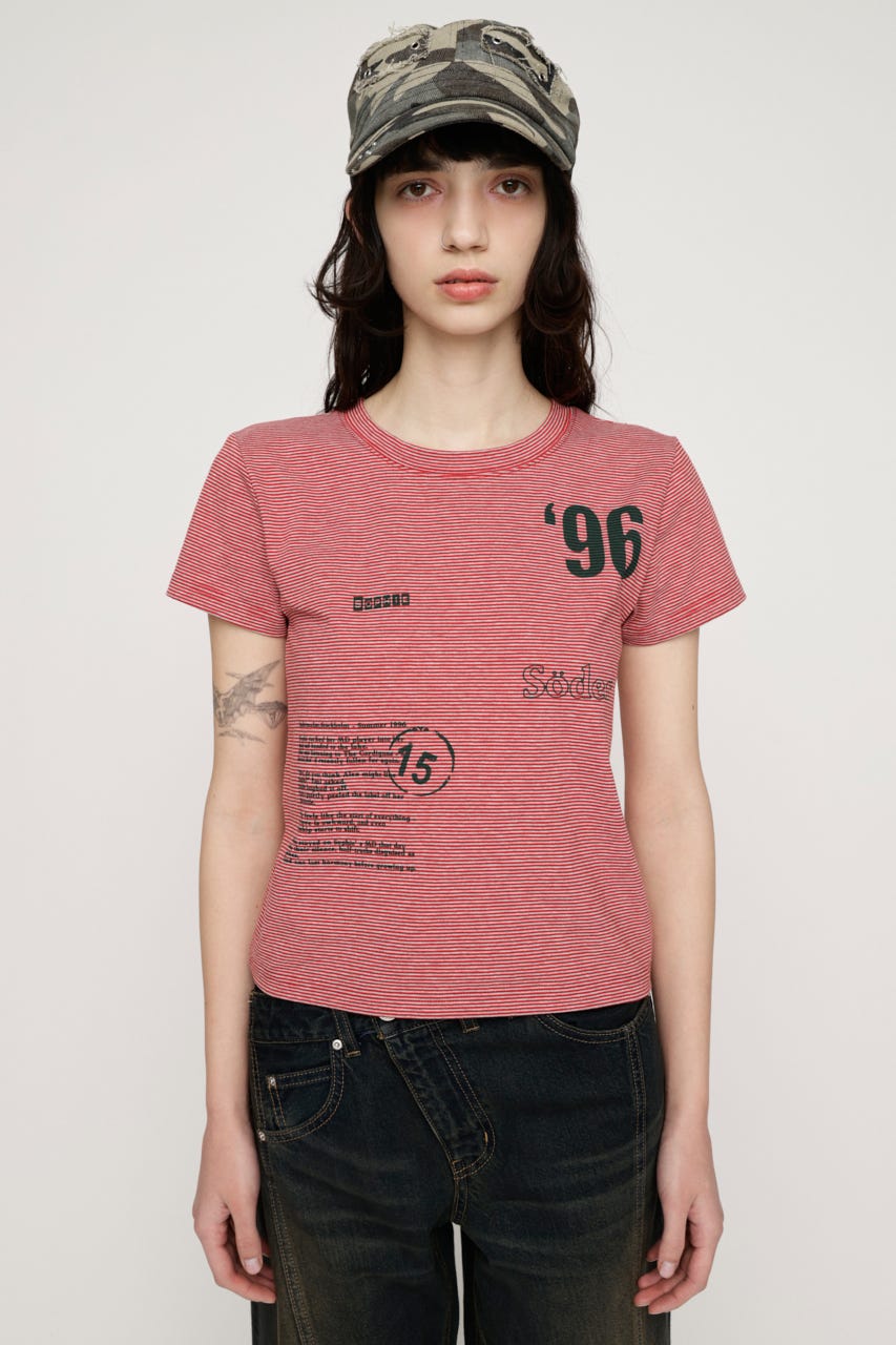 BORDER ON GRAPHIC Tシャツ M/RED FREE