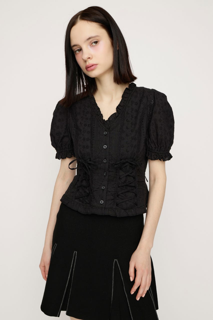 COTTON LACE LACE UP ブラウス BLK FREE