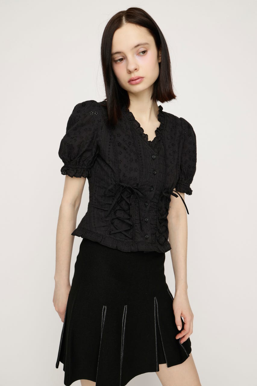 COTTON LACE LACE UP ブラウス BLK FREE