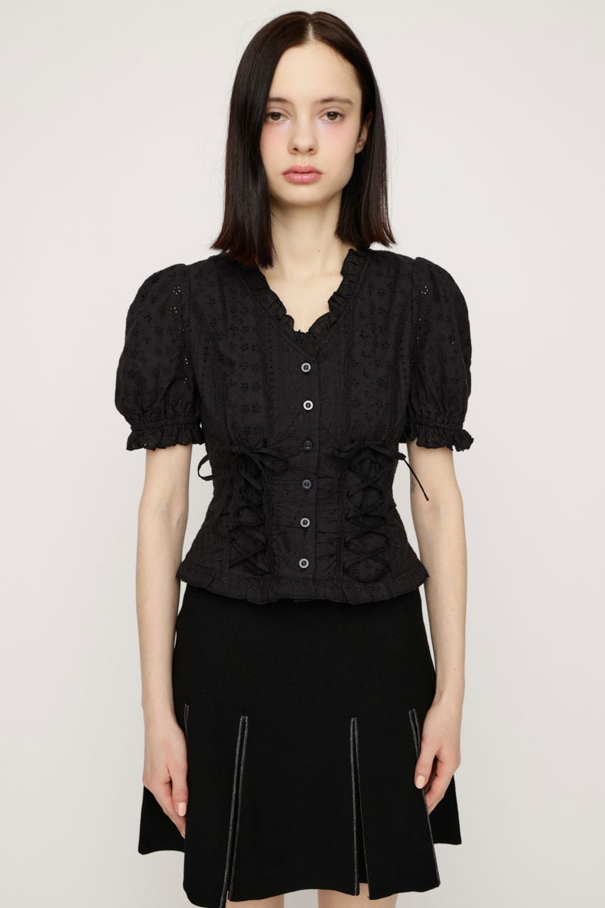 COTTON LACE LACE UP ブラウス BLK FREE