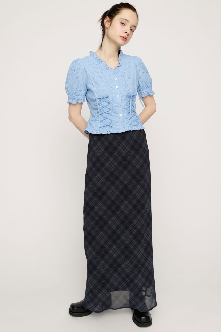 COTTON LACE LACE UP ブラウス L/BLU FREE