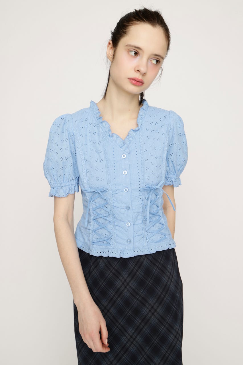 COTTON LACE LACE UP ブラウス L/BLU FREE