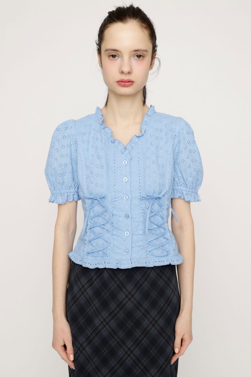 COTTON LACE LACE UP ブラウス L/BLU FREE