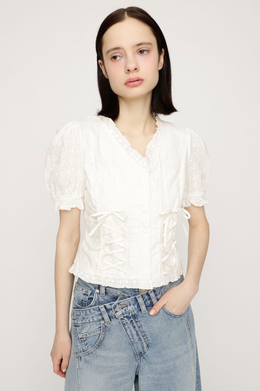 COTTON LACE LACE UP ブラウス O/WHT FREE