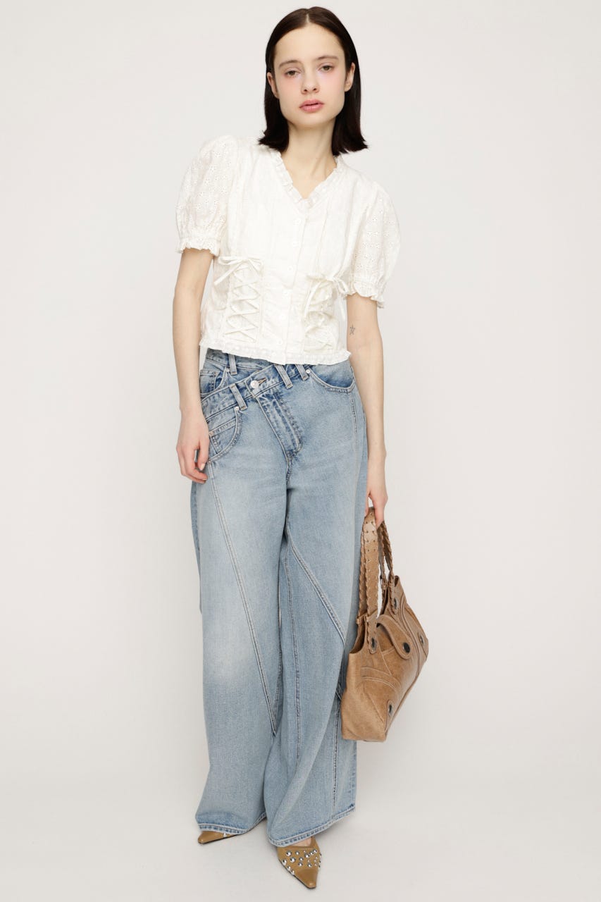 COTTON LACE LACE UP ブラウス O/WHT FREE