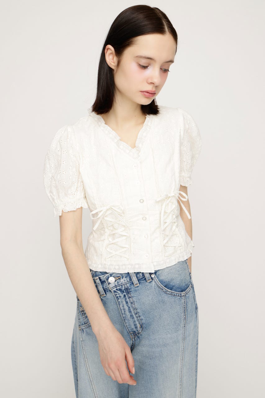 COTTON LACE LACE UP ブラウス O/WHT FREE