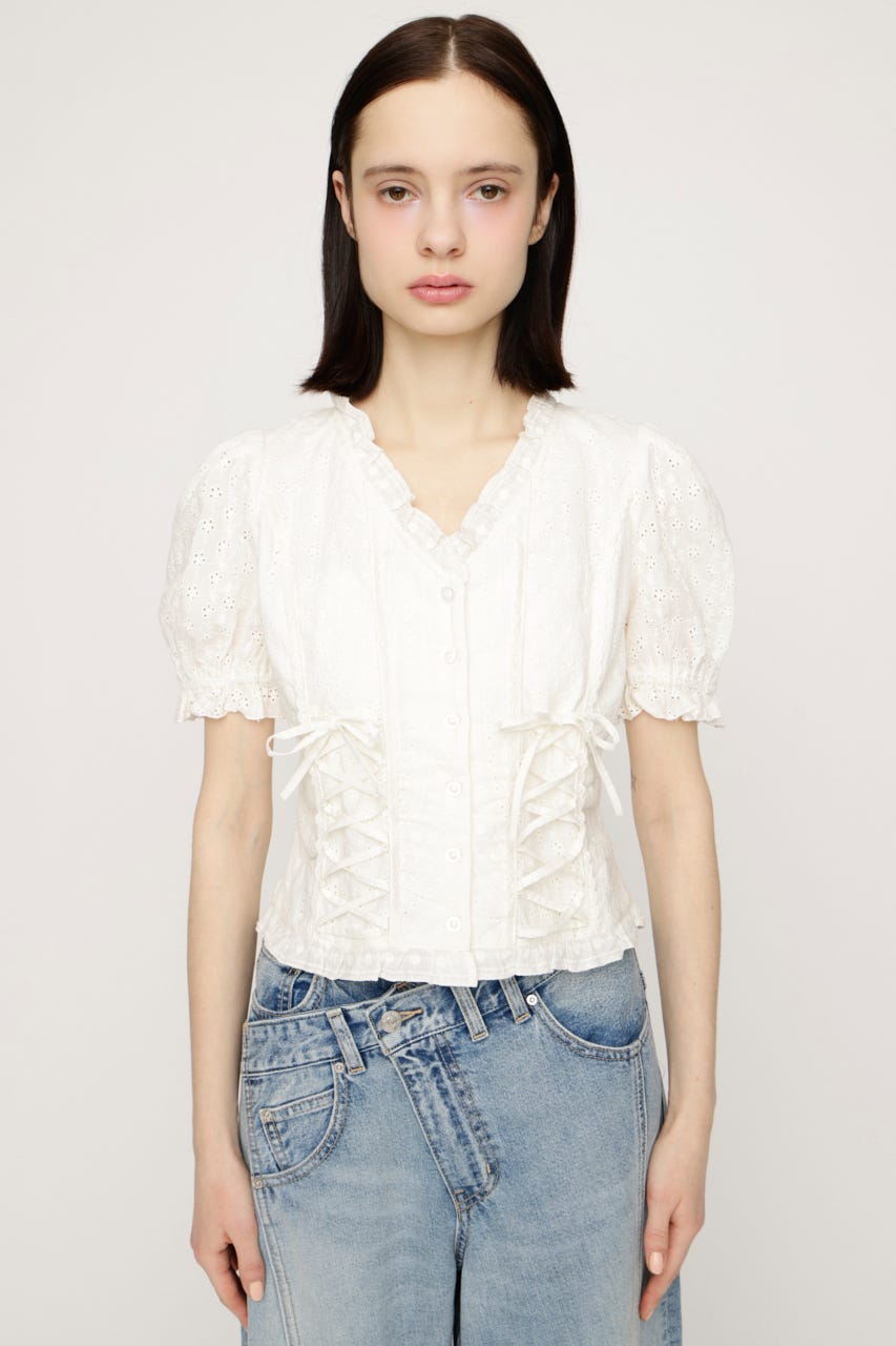 COTTON LACE LACE UP ブラウス O/WHT FREE