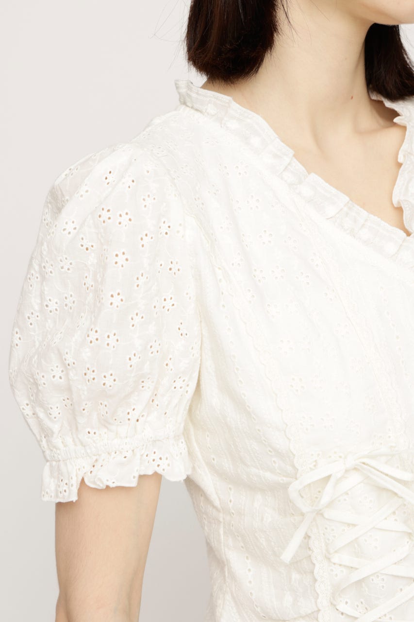COTTON LACE LACE UP ブラウス O/WHT FREE