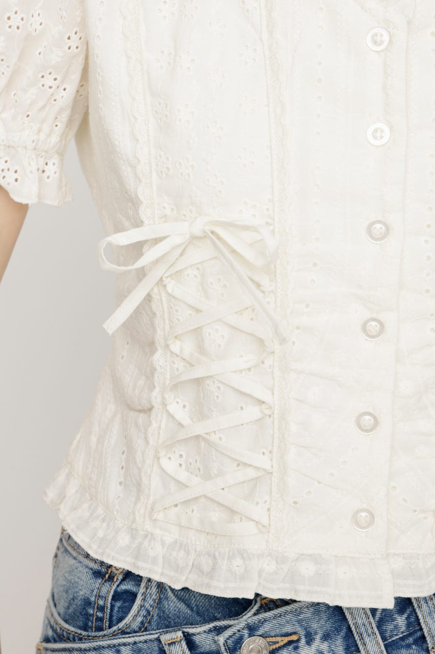 COTTON LACE LACE UP ブラウス O/WHT FREE