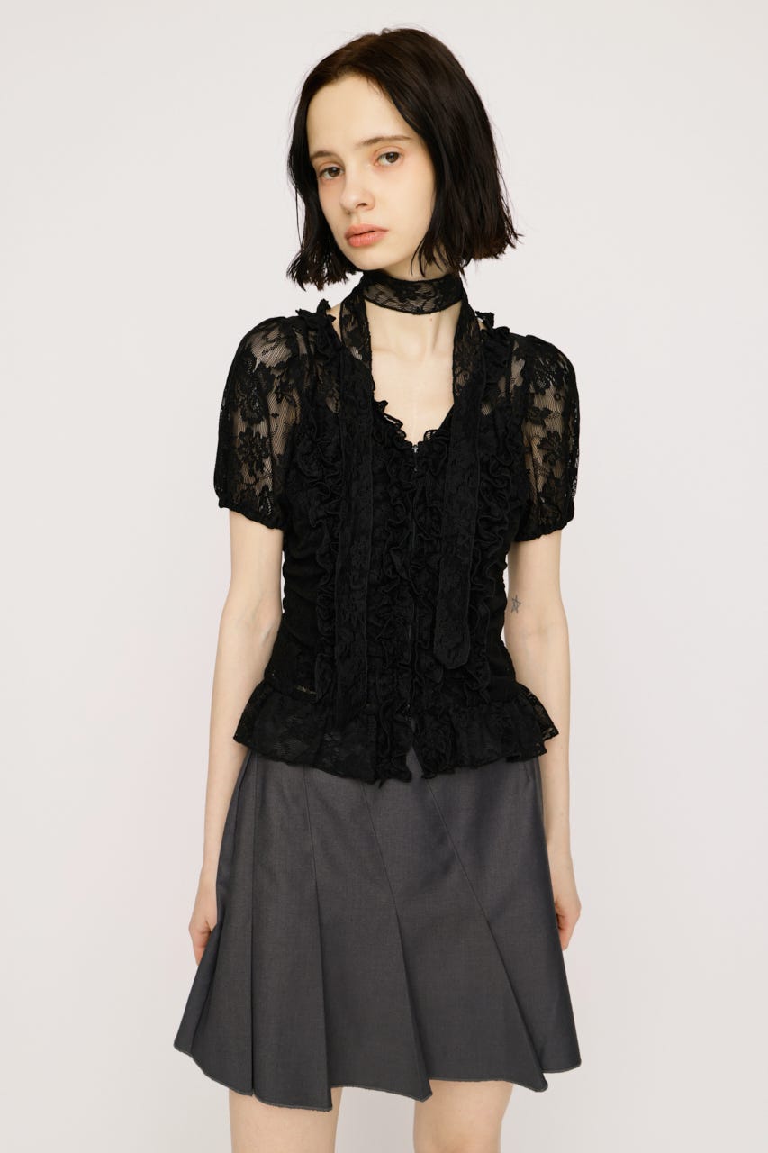 FRILL LACE ZIP UP トップス BLK FREE