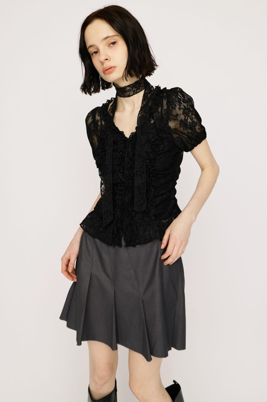 FRILL LACE ZIP UP トップス BLK FREE