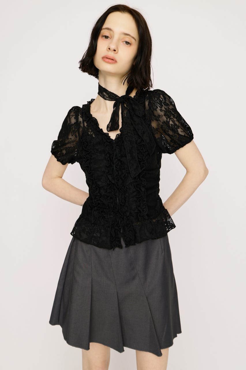 FRILL LACE ZIP UP トップス BLK FREE
