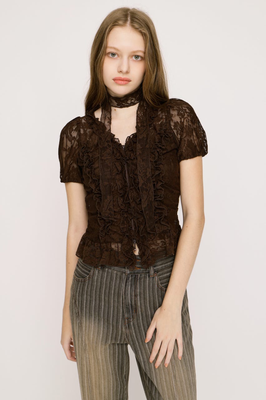 FRILL LACE ZIP UP トップス BRN FREE