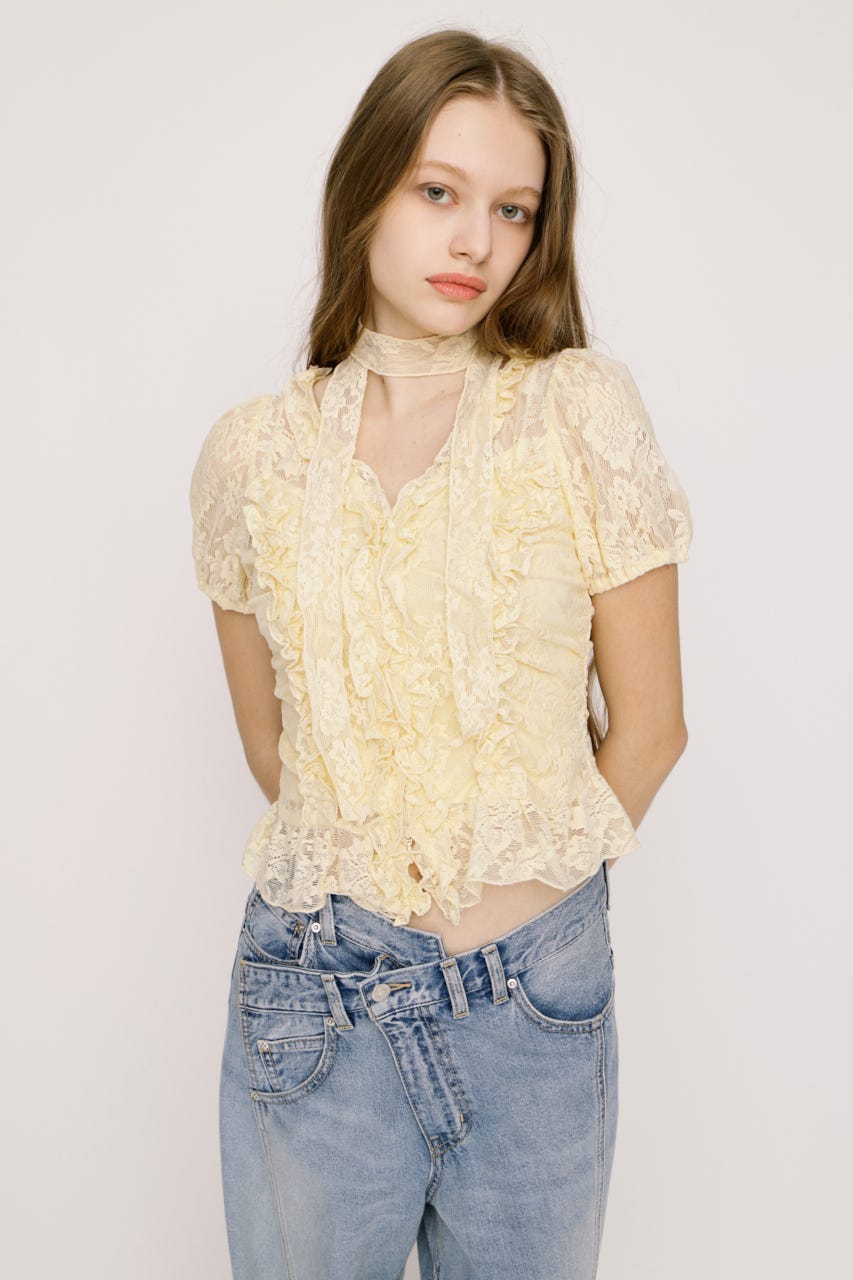 FRILL LACE ZIP UP トップス IVOY FREE