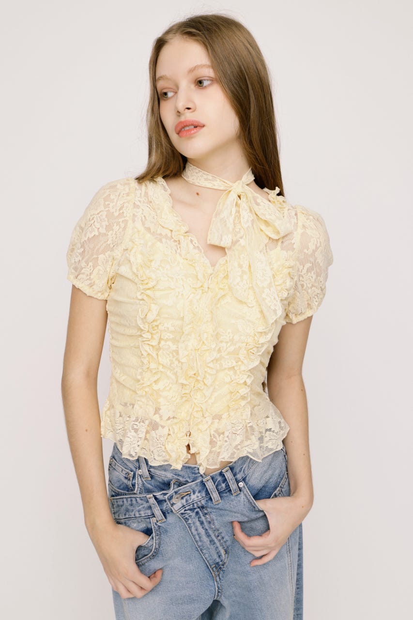 FRILL LACE ZIP UP トップス IVOY FREE