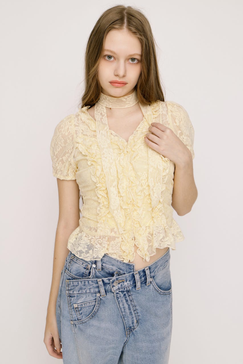 FRILL LACE ZIP UP トップス IVOY FREE