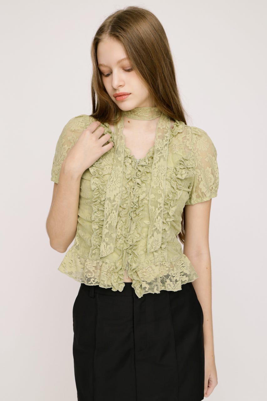 FRILL LACE ZIP UP トップス L/GRN FREE