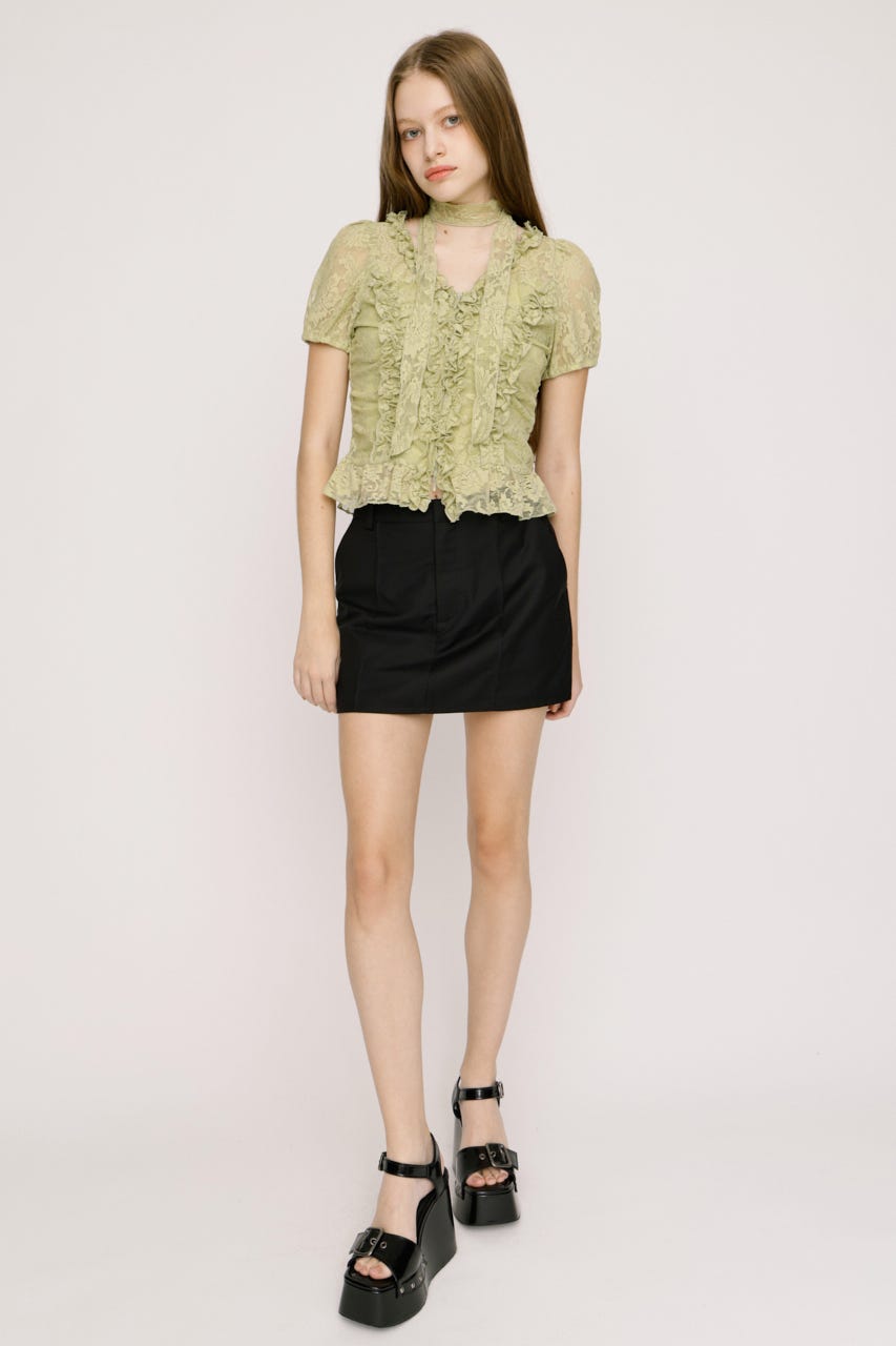FRILL LACE ZIP UP トップス L/GRN FREE