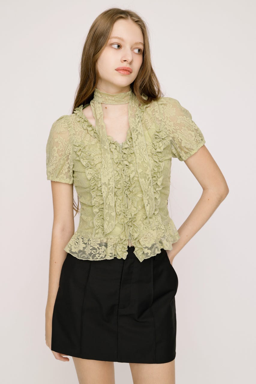 FRILL LACE ZIP UP トップス L/GRN FREE