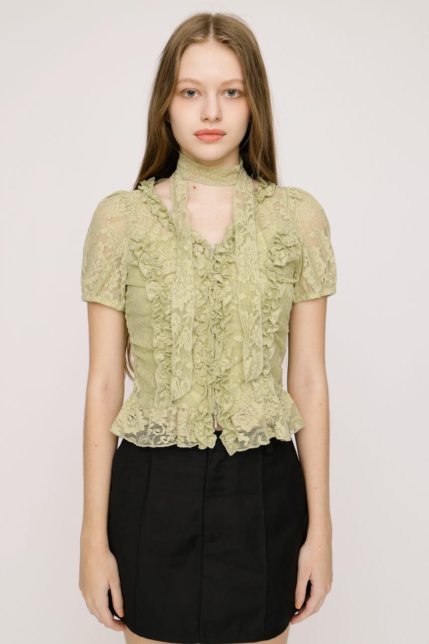 FRILL LACE ZIP UP トップス L/GRN FREE