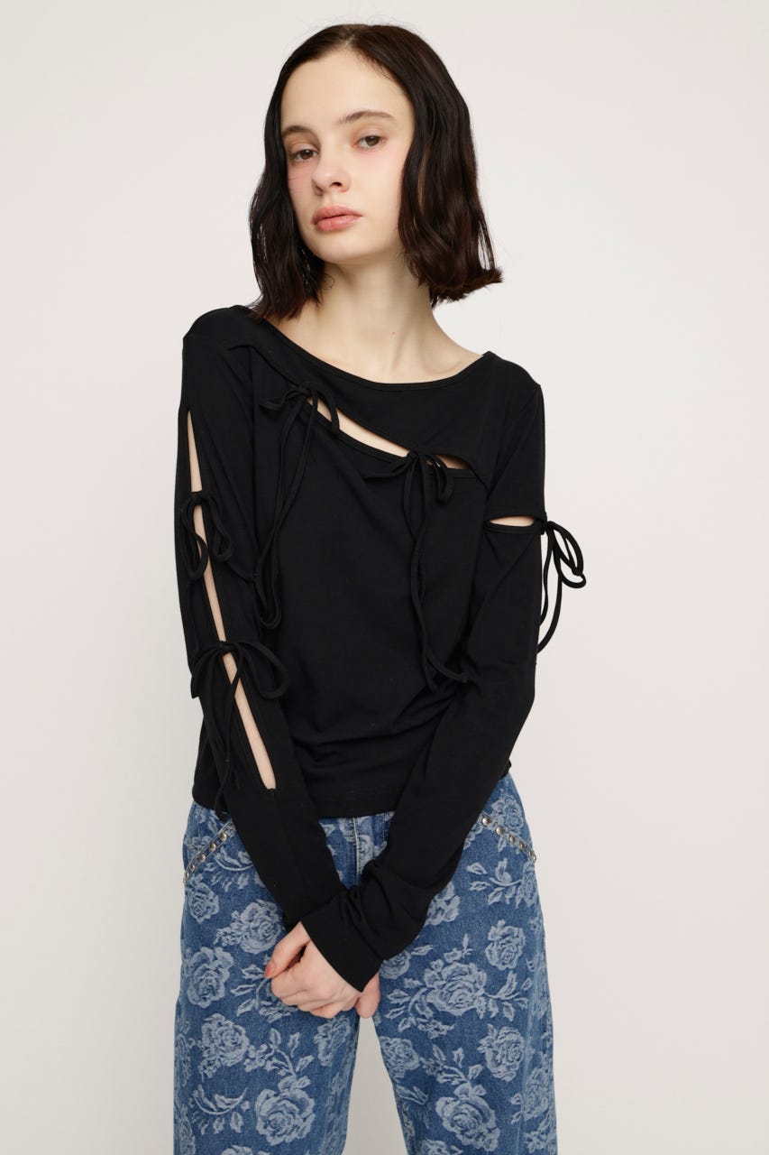 CUT OUT RIBBON トップス BLK FREE