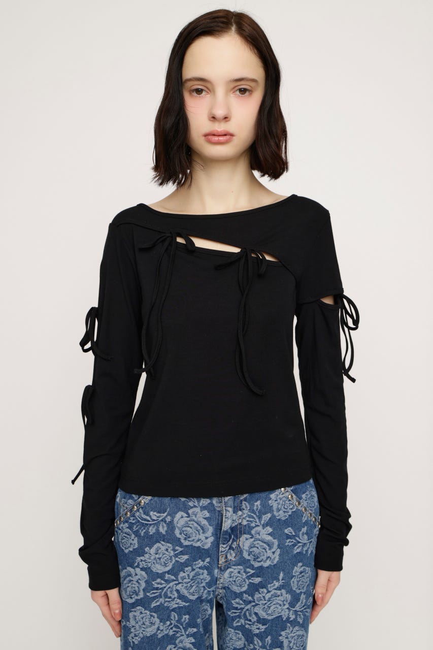 CUT OUT RIBBON トップス BLK FREE