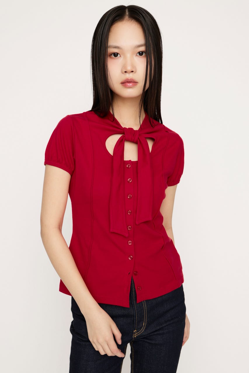 FRONT BUTTON TIE トップス RED FREE
