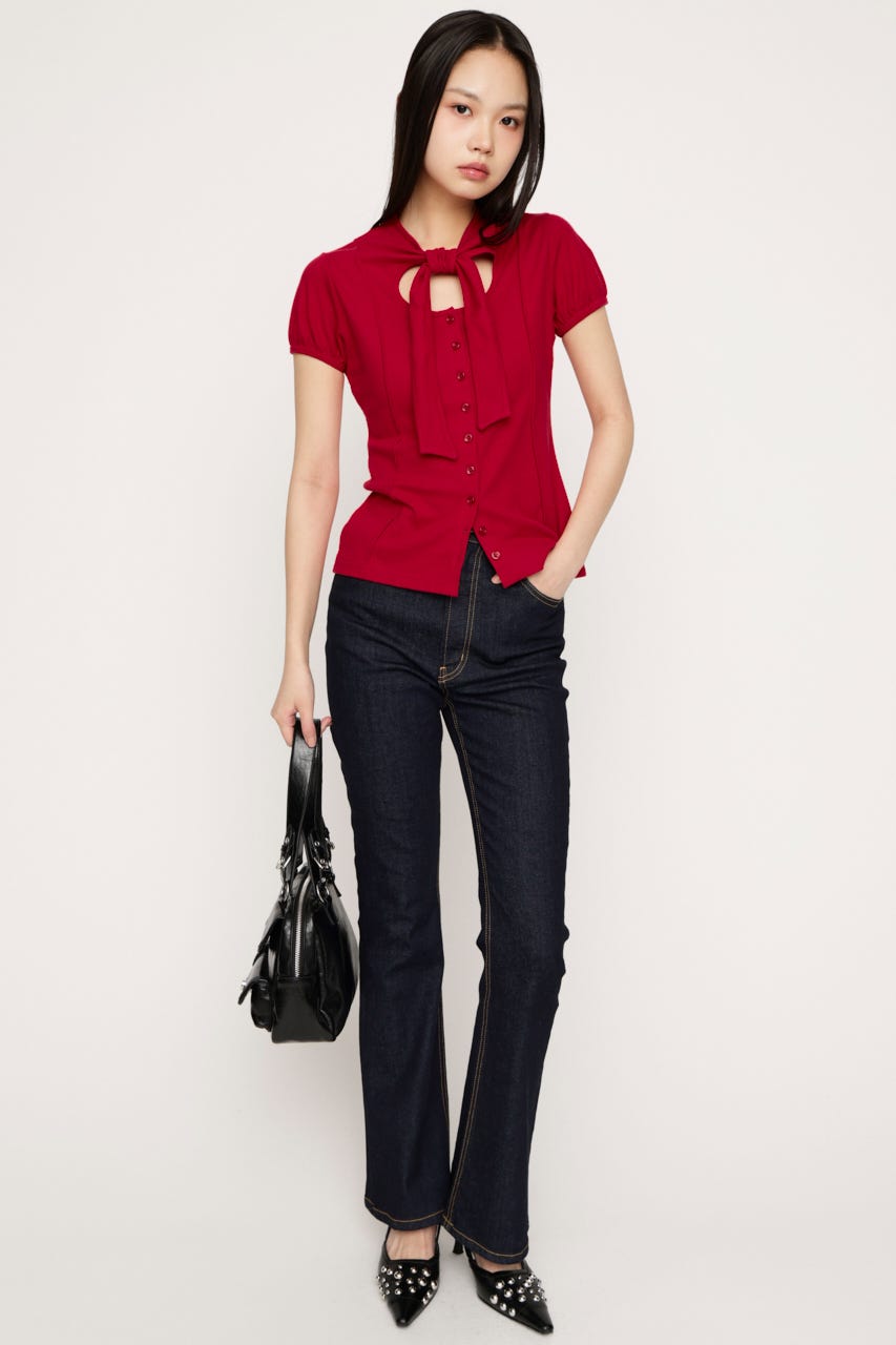 FRONT BUTTON TIE トップス RED FREE