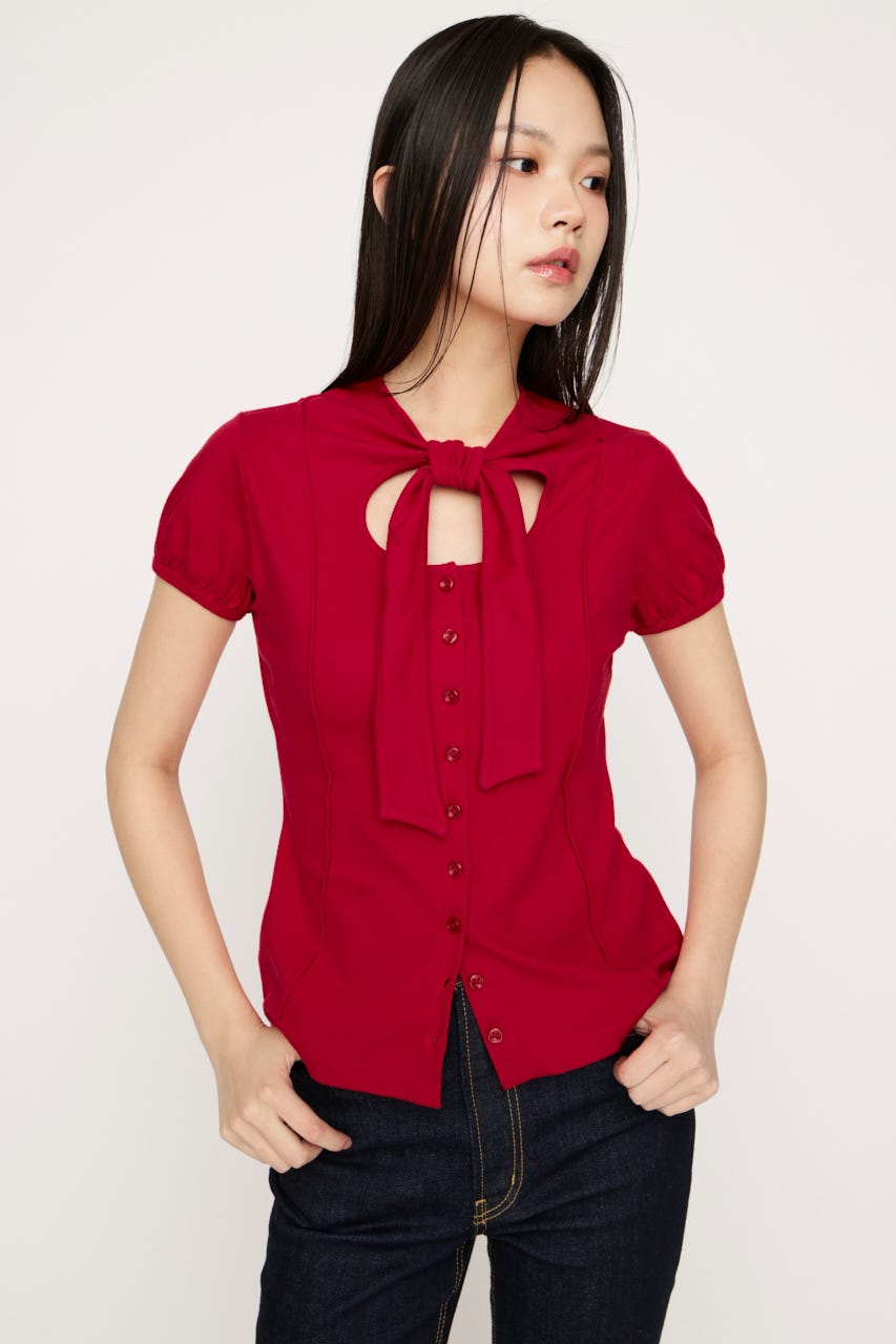 FRONT BUTTON TIE トップス RED FREE