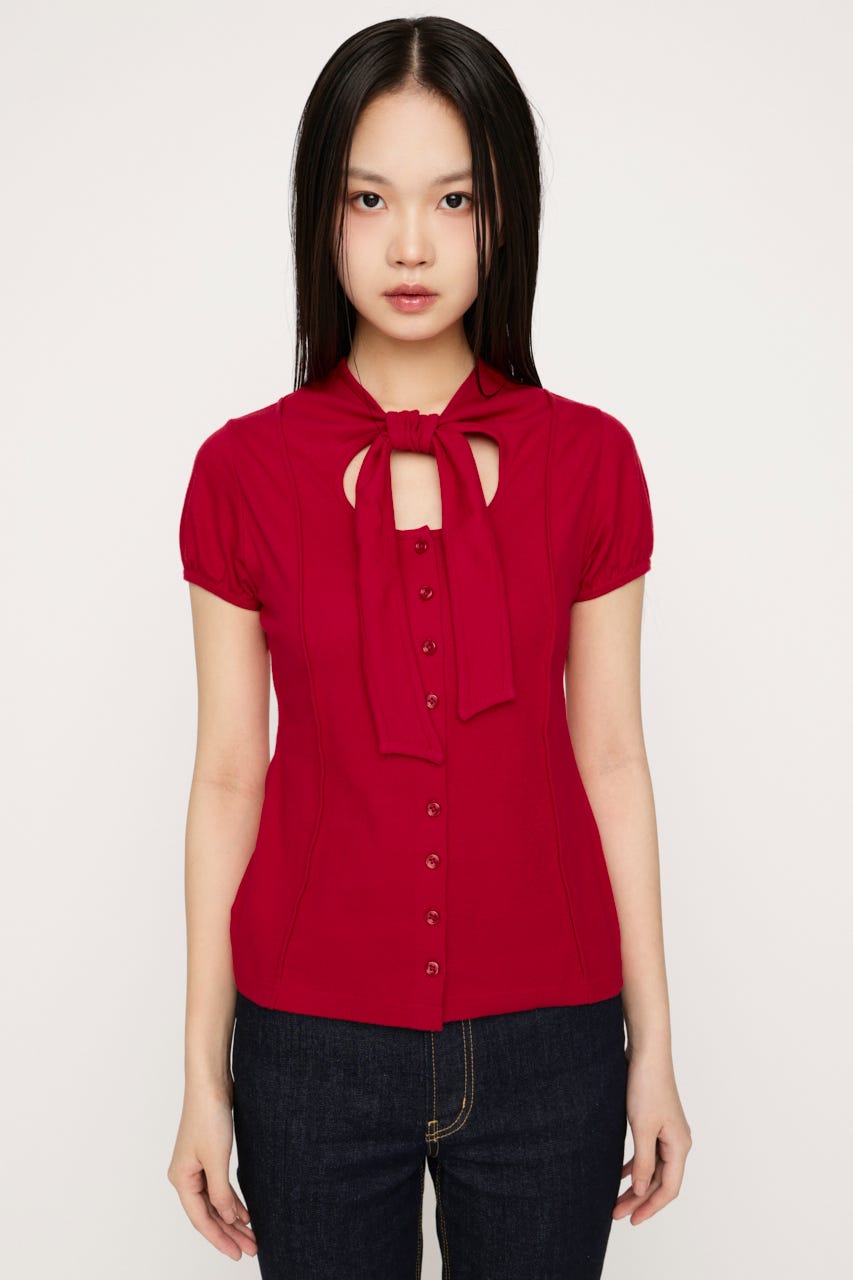 FRONT BUTTON TIE トップス RED FREE