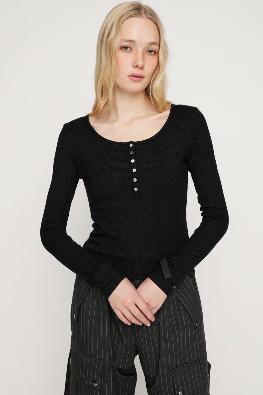 HENRY NECK CUT トップス BLK FREE