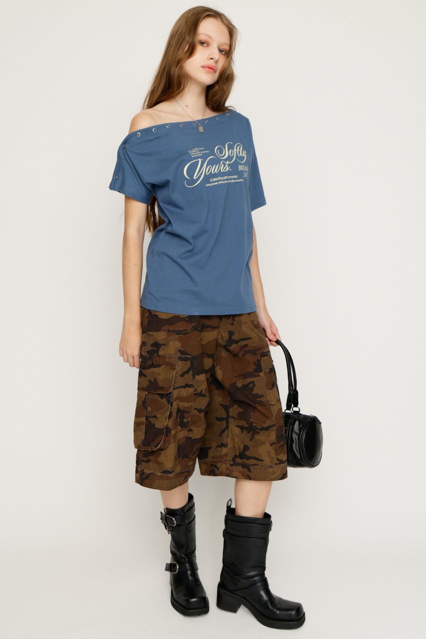 ONE SHOULDER PRINT トップス D/BLU FREE